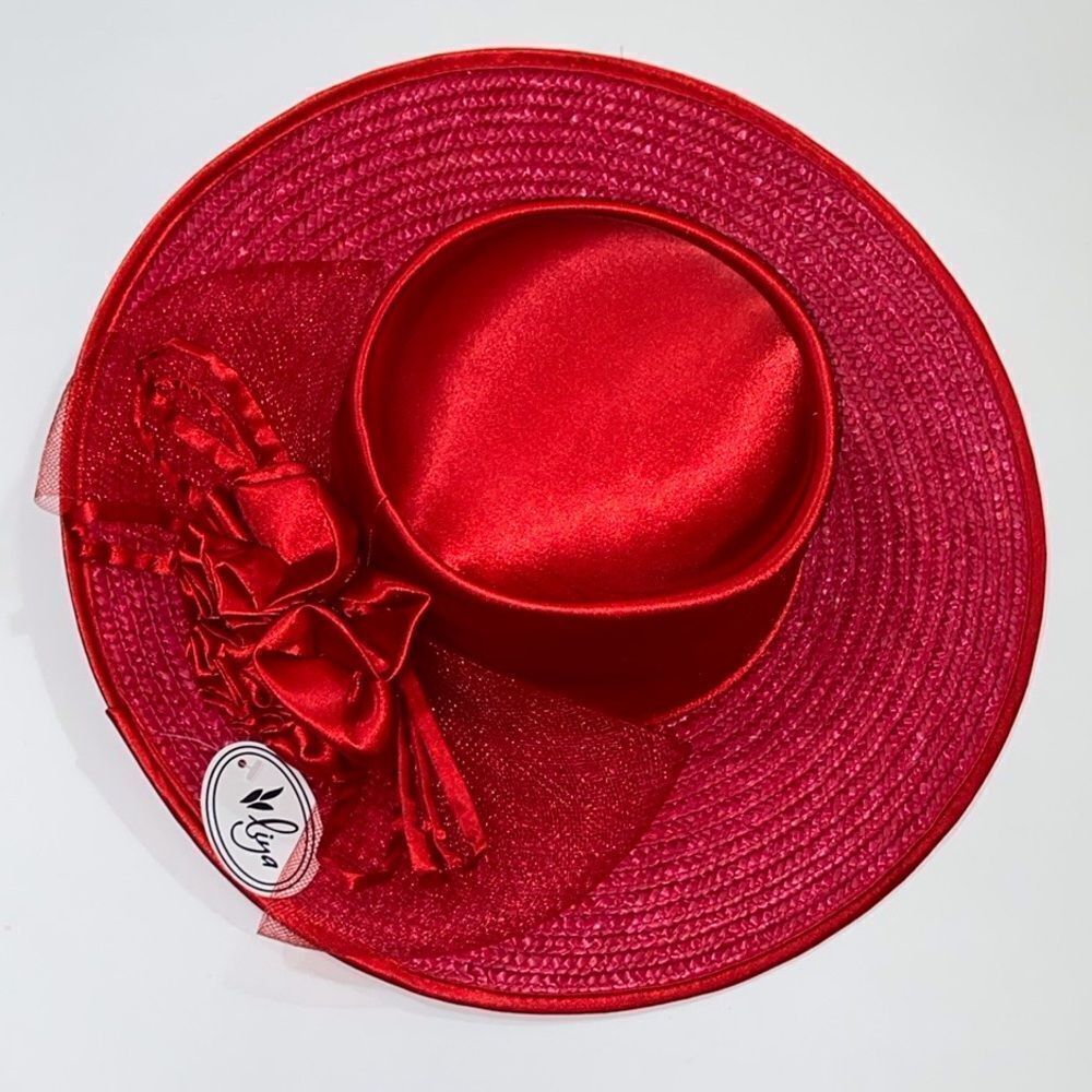 Liya 💯 Straw Women’s Elegant Red Wide-Brimmed Hat With Floral Embellishments